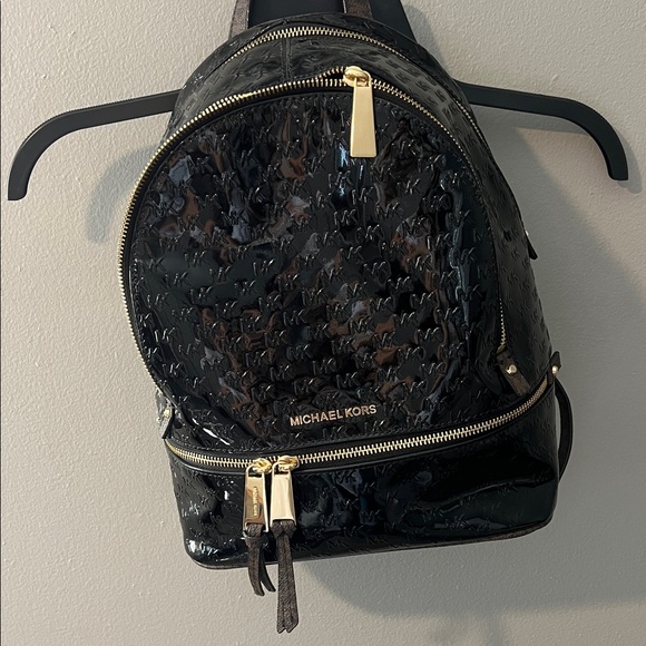 Michael Kors Black Patent Backpack with Gold Accents - Picture 1 of 6